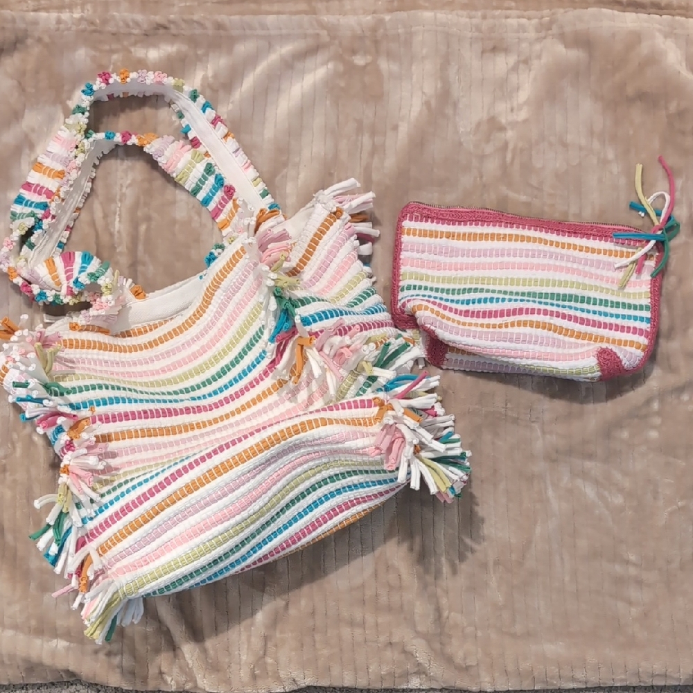 Colorful Striped Tote and Pouch Set